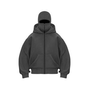 Custom 100% Cotton Balaclava and Ninja Hoodie for Men Heavyweight Double Hood with Zip & Drop Shoulder Men's Sweatshirts - Product Image 6