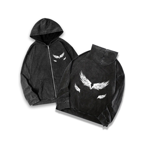 Sudadera con capucha negra con cremallera, efecto desgastado por el sol, corta, con parches bordados, personalizable, para hombre - Product Image 1