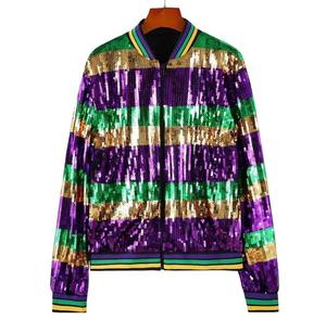 <b>Men's</b> <b>Sequined</b> Varsity <b>Jacket</b> Purple Green Gold Striped Zipper Front Casual Spring Wear Regular Fit Turn-down Collar - Product Image 1
