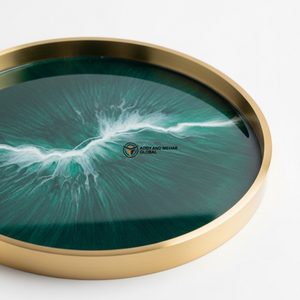 Luxury Emerald Green Resin Serving <b>Tray</b> with Gold Rim | Handmade <b>Round</b> Epoxy <b>Tray</b> | Modern Decorative Coffee <b>Table</b> <b>Tray</b> - Product Image 5