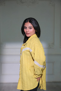 Women's Korean Style <b>Yellow</b> Linen Button Down Shirt with Contrast Stripes <b>Balloon</b> Sleeves Loose Fit All Seasons Casual Wear - Product Image 5
