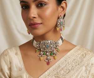 Luxury Multi Color Polki Kundan Pearl <b>Choker</b> Necklace Set with American Diamond Antique <b>Silver</b> Bridal Wedding Party Wear Jewelry - Product Image 1