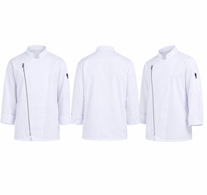 Veste de chef unisexe blanche à manches longues de haute qualité et durable avec fermeture éclair pour uniformes de restaurant et de bar - Product Image 1