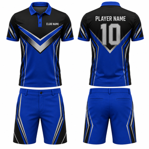 Ensemble polo et short de golf sportif pour femme, bleu et noir, séchage rapide, en Spandex/Coton, col polo, logo frontal, taille élastique - Product Image 1