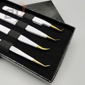 Pinzas para Extensión de Pestañas de 45 y 90 Grados, Pinzas Largas y Delgadas de Acero Inoxidable Blanco Dorado, Logotipo Personalizado - Product Image 1