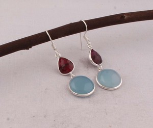 Pendientes de Granate Rojo Natural y Calcedonia Azul, Plata de Ley 925, Pendientes Colgantes Multifacéticos con Múltiples Piedras, Joyería Hecha a Mano al por Mayor - Product Image 1