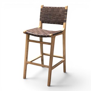 Silla de Barra Moderna Nórdica de Madera de Teca Premium con Asiento de Cuero Tejido para Cocina, Isla, Restaurante, Cafetería, Hotel - Product Image 5