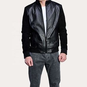 เสื้อแจ็กเก็ตบอมเบอร์หนังวัวสีดำสำหรับผู้ชาย,เสื้อแจ็กเก็ตหนังนูนลายหนังนกกระจอกเทศ - Product Image 4
