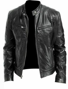 Veste de moto en cuir véritable noir de haute qualité pour homme, col montant, fermeture éclair, coupe ajustée, pour l'automne - Product Image 1