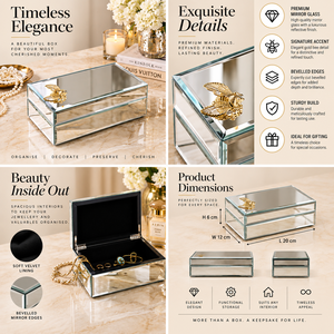 Silver <b>Mirrored</b> Glass Jewelry <b>Storage</b> Box <b>with</b> Gold Floral Accent Beveled Edges Soft Lining Decorative Keepsake Organizer - Product Image 6