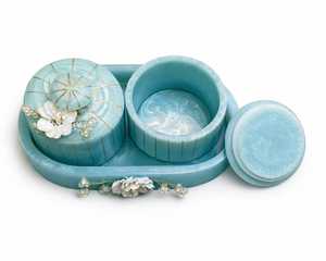 Oriental Resin Storage <b>Box</b> <b>Set</b> Four Cylindrical Containers Gold Leaf Accents Eco-Friendly Blue Handcrafted Flip Top Container - Product Image 1