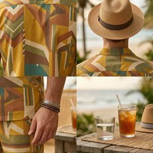 Ensemble de tenue 2 pièces de style bohème pour hommes, impression par sublimation personnalisée, chemise à manches courtes boutonnée et short à cordon de serrage - Product Image 6