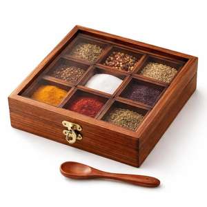 Handmade Style Wooden Spice <b>Box</b> – Indian Handcrafted Masala Dabba, Rustic Kitchen Organizer, Glass Lid - Product Image 3