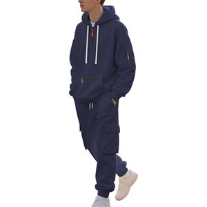 Ensemble de survêtement cargo pour homme, style hip-hop, 100% coton molletonné, séchage rapide, avec fermeture éclair quart de tour, pantalon jogger cargo et capuche patchwork, nouvelle collection hiver - Product Image 2