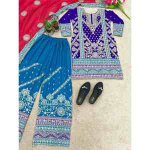 Designer Georgette Séquence Broderie Travail Style Indien Top Palazzo avec Dupatta Violet - Product Image 6