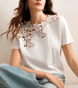 Trendy Floral Lace Overlay Cotton women's shirt Chenille Embroidered Custom Logo Half Sleeve Regular Fit Hybrid Casual T-Shirt - Product Image 5