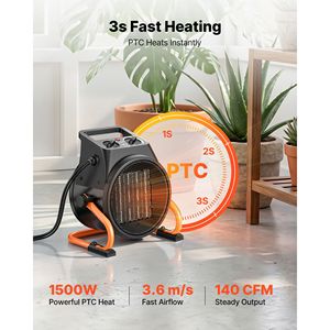 Chauffage électrique 1500W PTC avec thermostat, ventilateur, modes chaleur basse et haute, 15 angles réglables - Product Image 2