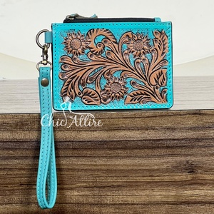Hot Selling Hand Tooled Genuine Leather Floral Pattern Zipper Western Style <b>Credit</b> <b>Card</b> <b>Holder</b> Luxury Mini Unisex <b>For</b> Shopping - Product Image 1