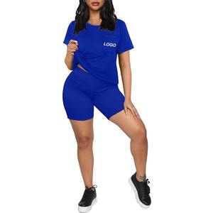 Ladies Blue Two Piece Shorts Set Women Custom Logo Lounge Set Royal Blue Activewear Set Women Women Crop Tee & Shorts Outfit Pre - Product Image 2