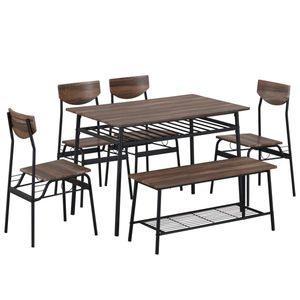 Modern 6-Piece Dining Set for Home <b>Kitchen</b> Rectangular Table <b>Bench</b> <b>with</b> 4 Chairs and <b>Storage</b> Racks Steel Frame by NA - Product Image 1