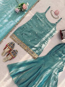 Ensemble Salwar Kameez Indien/Pakistanais pour Femme en Soie Fendy Embossée Bleu Clair avec Doublure en Micro Coton Extensible, Bretelles Spaghetti, Taille XS - Product Image 6