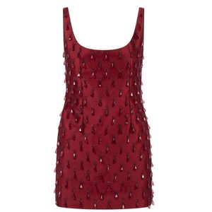 Minivestido de Satén Borgoña con Cuentas Bordadas, Sin Mangas, de Poliéster, para Fiestas, Ropa de Noche para Mujer, Atuendo Corto, Ropa de Cóctel - Product Image 1