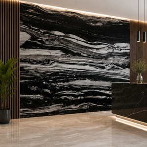 Panneau mural en travertin veiné noir et blanc poli, grand format moderne, revêtement en pierre décorative pour fond de hall d'accueil - Product Image 1