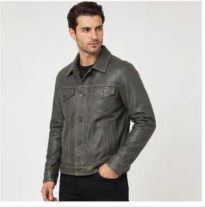 Blouson Moto en Cuir Original Homme Bleu et Marron Col Montant Fermeture Éclair Coupe Slim Manches Classiques Style Color Block Automne - Product Image 2
