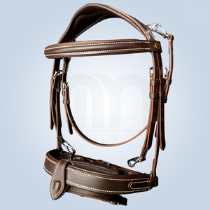 Brida de cuero marrón premium para caballo con costuras blancas elegantes y ceñuela de puño - Acolchada, anatómica, para equitación de caza y salto - Product Image 3