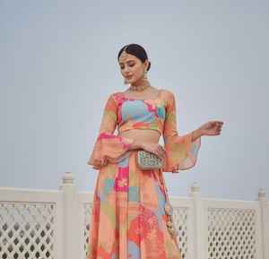 Conjunto de lehenga choli con top corto de georgette estampado digital para mujer, ropa festiva para fiestas, cosido, tallas 34 a 42 - Product Image 1