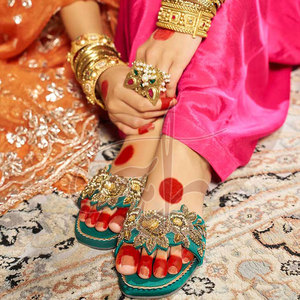 Handcrafted <b>Blended</b> Comfort Traditional Satin & Diamond Upper Printed Genuine Leather Outsole Anti-Slippery Women's Slides - Product Image 2