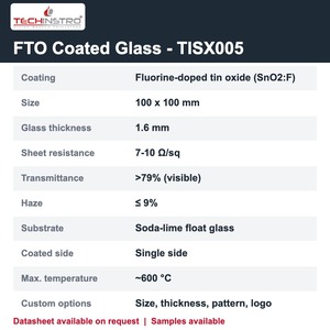 Verre FTO (Oxyde d'Étain Dopé au Fluor) 100x100 mm 1,6 mm 7-10 Ohm/sq pour cellules solaires DSSC à pérovskite - Product Image 2