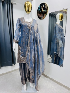 Wholesale Luxury <b>Slate</b> Blue Organza Slim Fit Party Winter Embroidered Pakistani Suit Kurta Pant Set Dupatta Ethnic Wear - Product Image 4