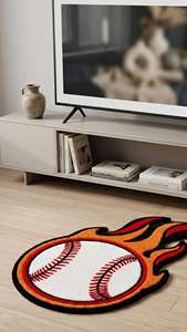 Alfombra de área única con diseño de béisbol, hecha a mano, con temática deportiva, en colores naranja, rojo y blanco, para decoración de sala de estar y dormitorio. - Product Image 2