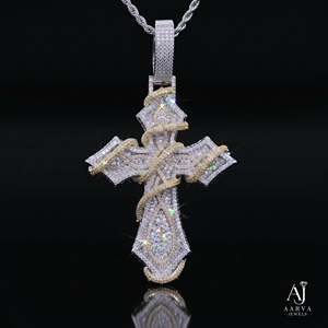 Two Tone Christian Cross Pendant Necklace Micro Insert Moissanite Gold Plated Iced Out Rope Chain Hip Hop Jewelry Gift - Product Image 6