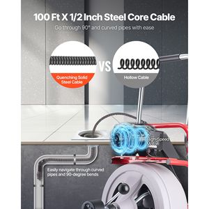 Macchina Portatile per la Pulizia degli Scarichi con Spirale Autoalimentata da 8 Piedi Cubi, Ruote e Cavo da 100 Piedi x 1/2 Pollice - Product Image 3