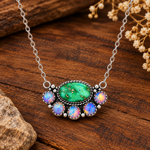 Collier en argent fait main avec turquoise verte, opale de feu et pierres précieuses turquoise, style occidental, bijou statement, cadeau - Product Image 6
