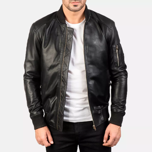 Chaqueta Bomber de Cuero Genuino para Hombre, Cuello Alto, Cierre de Cremallera, Corte Ajustado, Estilo Motociclista, Color Negro Sólido, para Otoño - Product Image 1