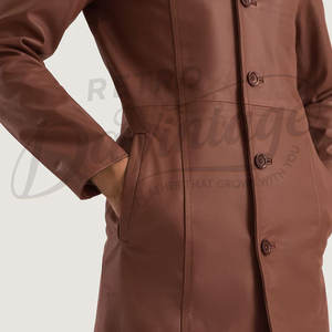 Manteau trench-coat en cuir véritable marron pour homme, coupe classique slim, long, chaud et doux pour l'hiver. - Product Image 3