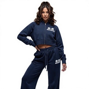 Survêtement à capuche zippé court en molleton de coton bleu marine pour femme Premium B.B INDUSTRY, ensemble deux pièces assorti, streetwear d'hiver - Product Image 1