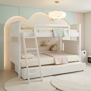 Lit superposé moderne blanc double avec plateforme, tiroir de rangement et échelle, construction en bois massif pour mobilier de chambre - Product Image 5