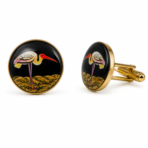 Mancuernillas de Latón Esmaltado Hechas a Mano de la India, Diseño de Cigüeña de Rajasthan, Base Negra con Acabado Dorado para Hombres, Ocasiones Formales - Product Image 1