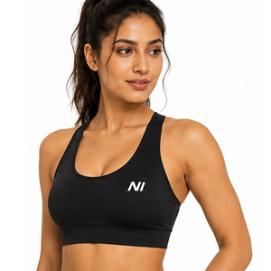 OEM Women Seamless Sports Bra Scoop Neck Racerback Zipper Front Medium Support Breathable Fitness Workout Wear Solid Black - Product Image 1