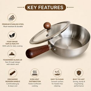 Stainless Steel Saucepan with Glass Lid 600 ML <b>Small</b> Cooking Pot with Wooden Handle Milk <b>Pan</b> for Tea Milk Sauce Gravy Noodles. - Product Image 6