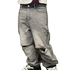 <b>Men</b> <b>Grey</b> Rhinestone Baggy <b>Jeans</b> Distressed <b>Ripped</b> Knee Loose Fit Streetwear Denim Pants For <b>Men</b> - Product Image 2
