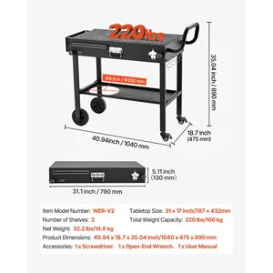 Carrello per Barbecue da Esterno Pieghevole 31,0 x 17,0 Pollici, Tavolo per Grigliate con Porta Fazzoletti e Ruote, Arredo Portatile per Cucina all'Aperto - Product Image 3