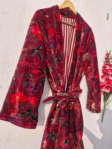 OFMD Pink Bird Velvet Banyan Fabric Kimono Cotton Velvet <b>Robe</b> Long, Original OFMD break up <b>robe</b> Printed Kimono With Tassels - Product Image 5
