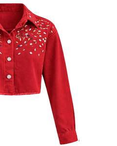 Veste en jean courte rouge personnalisée pour femme avec strass et boutons sur les épaules, manches longues, style streetwear tendance - Product Image 4