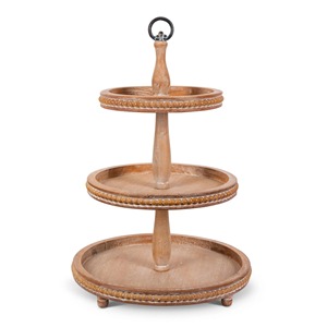 Support à gâteau rond en bois fait main à deux niveaux, plateau de présentation de desserts en bois naturel avec poignée en métal - Product Image 2