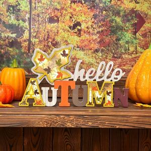 Decorazione da Tavolo 3D 'Hello Autumn', Piatto Decorativo Rustico per il Ringraziamento, Insegna Luminosa in Legno con Foglie d'Acero per Decorazioni - Product Image 3